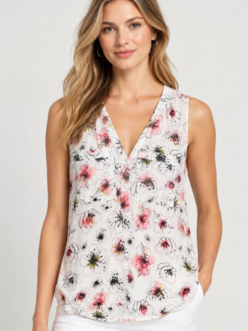 Ann Taylor White Floral V-Neck Sleeveless Camisole with Pink and Black Sketches